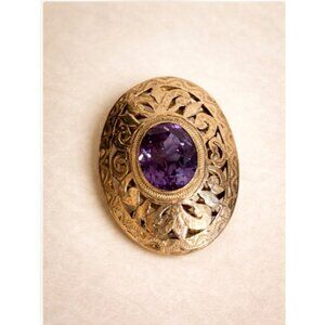 Antique 14K Gold Purple Gemstone Brooch Pendant Pierced Oval Victorian 7.92g